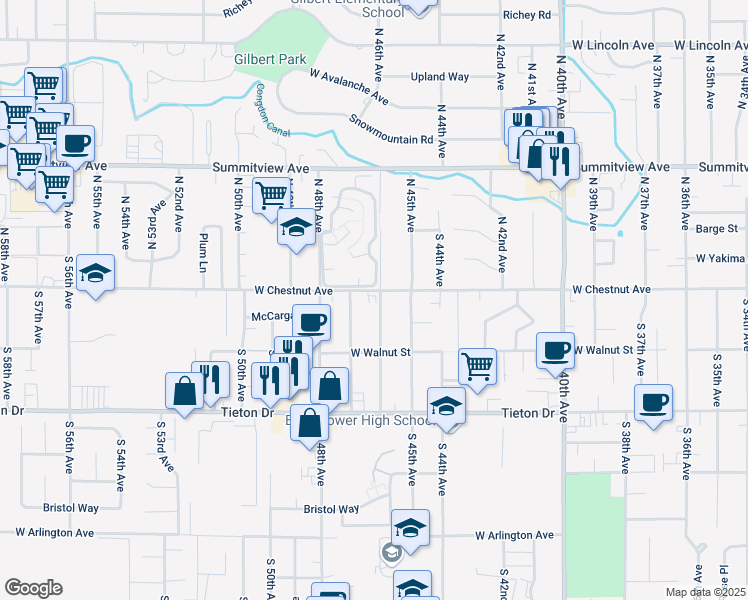 map of restaurants, bars, coffee shops, grocery stores, and more near 204 South 46th Avenue in Yakima