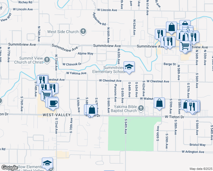 map of restaurants, bars, coffee shops, grocery stores, and more near in Yakima