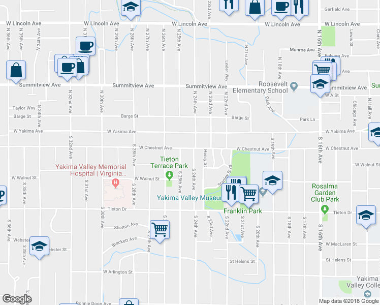 map of restaurants, bars, coffee shops, grocery stores, and more near 2402 W Chestnut Ave in Yakima