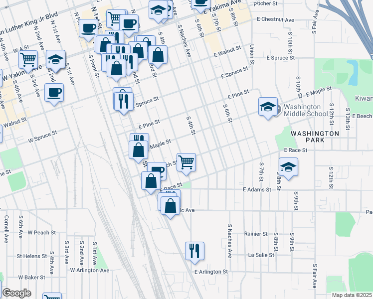 map of restaurants, bars, coffee shops, grocery stores, and more near 511 South 3rd Street in Yakima