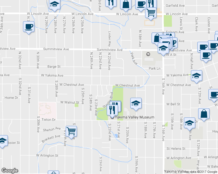 map of restaurants, bars, coffee shops, grocery stores, and more near 2202 West Chestnut Avenue in Yakima