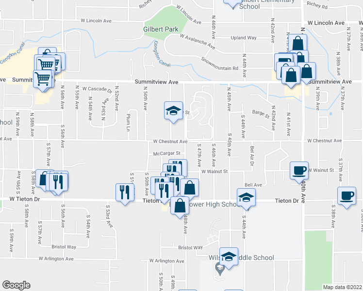 map of restaurants, bars, coffee shops, grocery stores, and more near 202 South 48th Avenue in Yakima