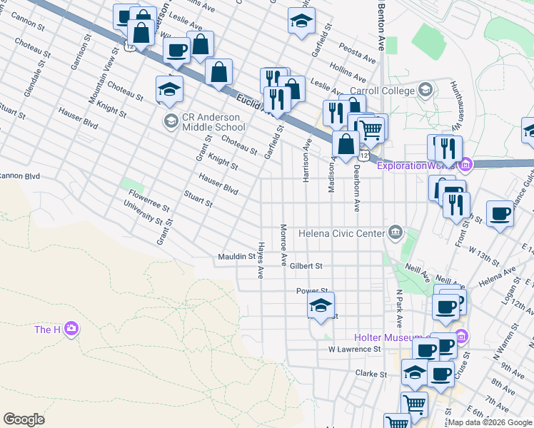 map of restaurants, bars, coffee shops, grocery stores, and more near 809 Hayes Avenue in Helena