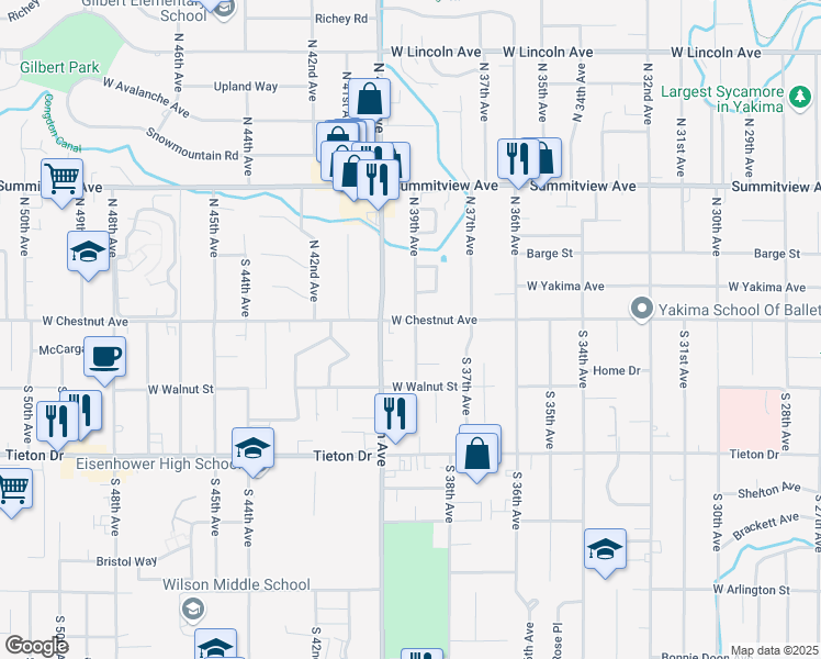 map of restaurants, bars, coffee shops, grocery stores, and more near 3902 West Chestnut Avenue in Yakima