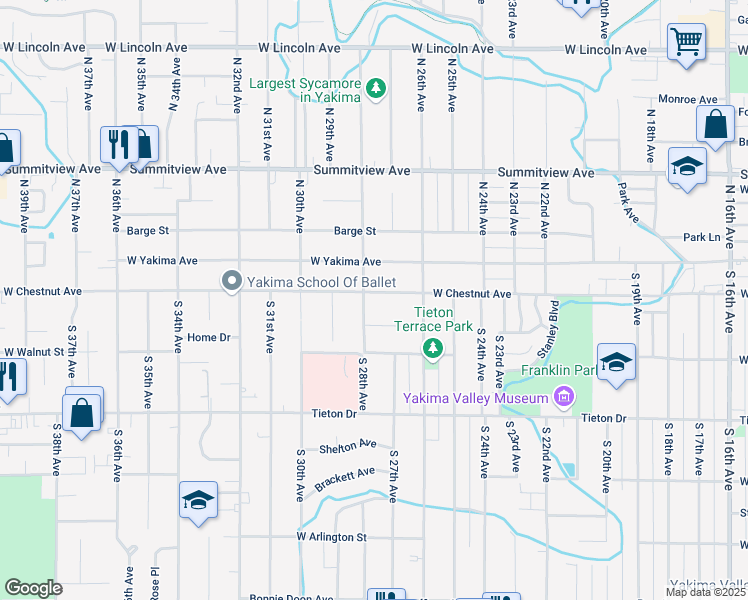 map of restaurants, bars, coffee shops, grocery stores, and more near 201 South 28th Avenue in Yakima