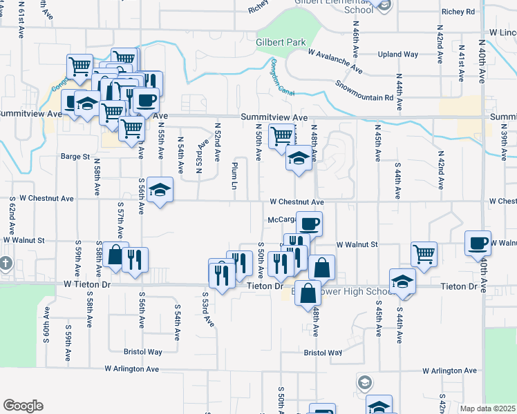 map of restaurants, bars, coffee shops, grocery stores, and more near 202 South 50th Avenue in Yakima