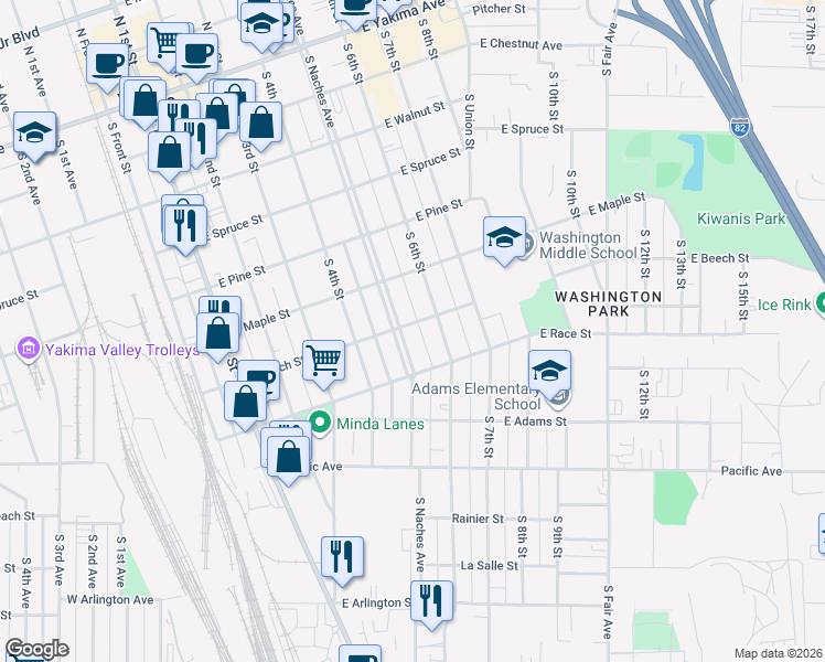 map of restaurants, bars, coffee shops, grocery stores, and more near 606 S 6th St in Yakima
