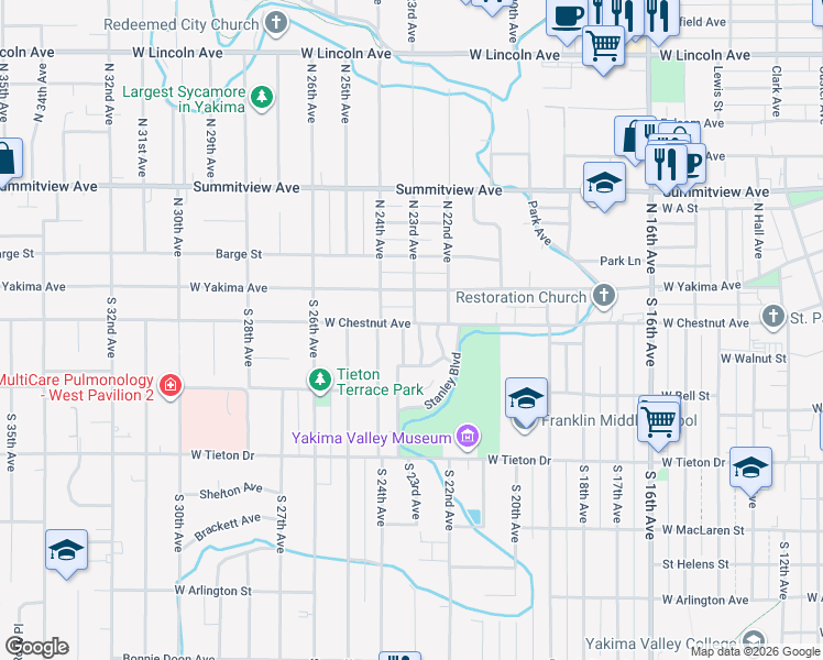 map of restaurants, bars, coffee shops, grocery stores, and more near 299 Henry Street in Yakima