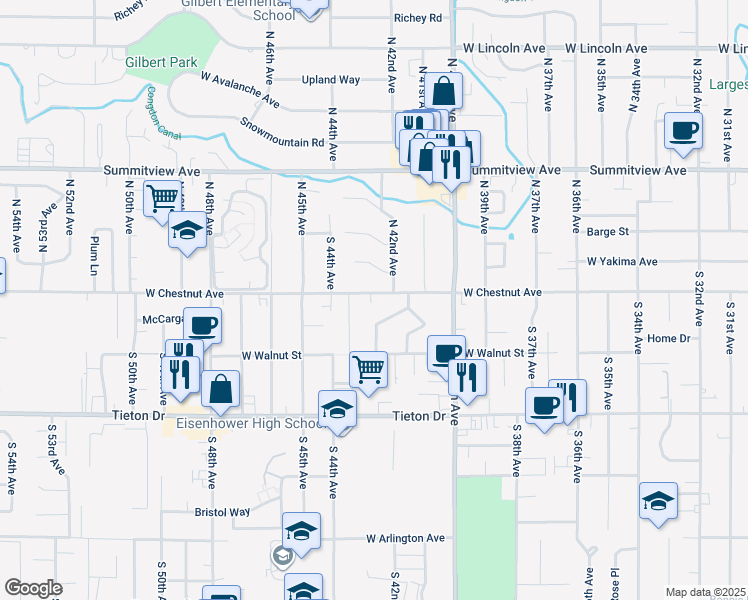 map of restaurants, bars, coffee shops, grocery stores, and more near 4208 West Chestnut Avenue in Yakima