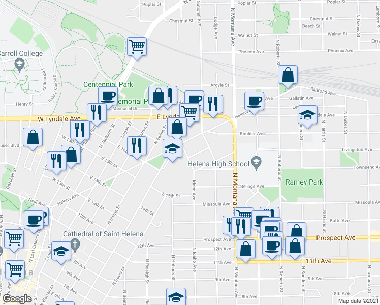 map of restaurants, bars, coffee shops, grocery stores, and more near 1203 Idaho Avenue in Helena