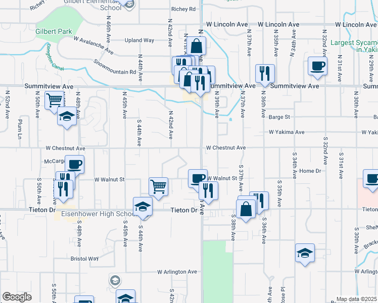 map of restaurants, bars, coffee shops, grocery stores, and more near 4008 West Chestnut Avenue in Yakima
