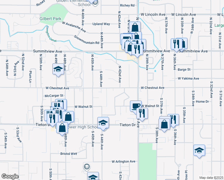 map of restaurants, bars, coffee shops, grocery stores, and more near 4208-4210 West Chestnut Avenue in Yakima