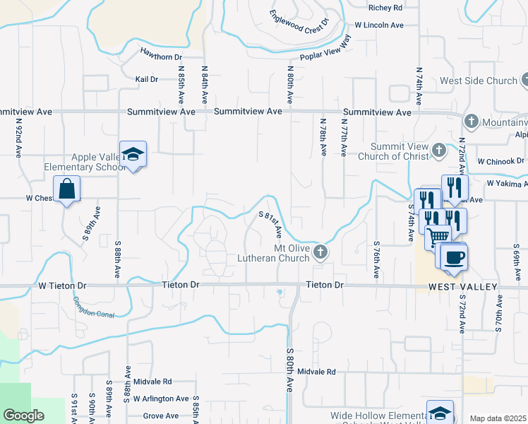 map of restaurants, bars, coffee shops, grocery stores, and more near 211 South 82nd Avenue in Yakima