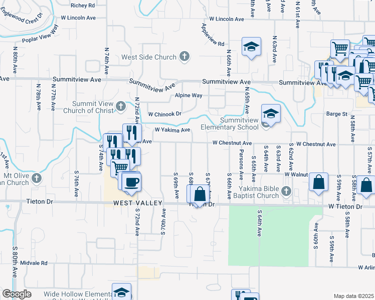 map of restaurants, bars, coffee shops, grocery stores, and more near 204 South 68th Avenue in Yakima