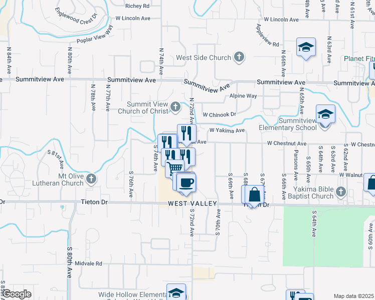 map of restaurants, bars, coffee shops, grocery stores, and more near 110 South 72nd Avenue in Yakima