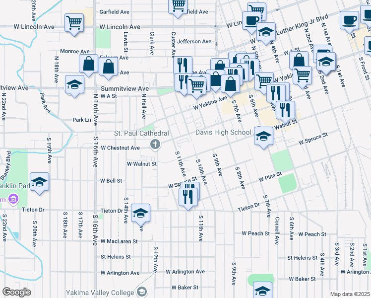 map of restaurants, bars, coffee shops, grocery stores, and more near in Yakima