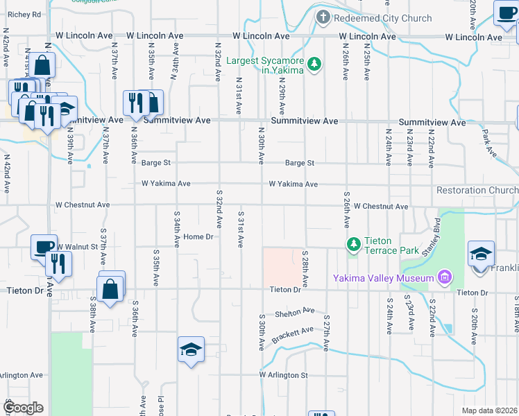 map of restaurants, bars, coffee shops, grocery stores, and more near 202 South 30th Avenue in Yakima