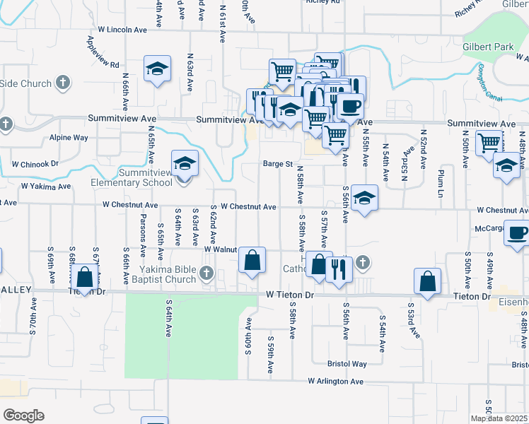 map of restaurants, bars, coffee shops, grocery stores, and more near 5908 West Chestnut Avenue in Yakima