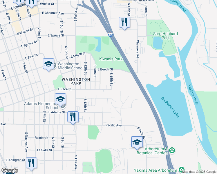 map of restaurants, bars, coffee shops, grocery stores, and more near 1427 East Race Street in Yakima