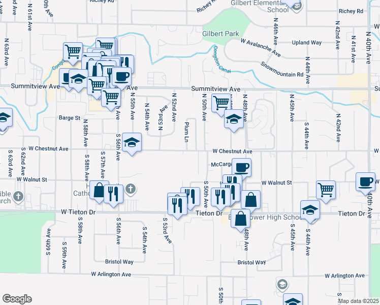 map of restaurants, bars, coffee shops, grocery stores, and more near 5100 West Chestnut Avenue in Yakima