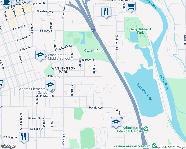 map of restaurants, bars, coffee shops, grocery stores, and more near 1427 E Race St in Yakima