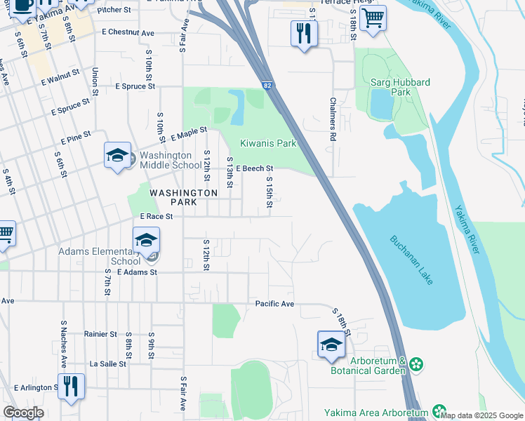 map of restaurants, bars, coffee shops, grocery stores, and more near 1427 East Race Street in Yakima