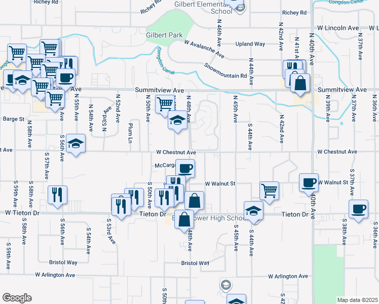map of restaurants, bars, coffee shops, grocery stores, and more near W Chestnut Ave & S 48th Ave in Yakima