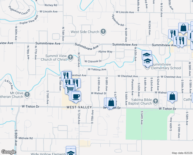 map of restaurants, bars, coffee shops, grocery stores, and more near 204 South 69th Avenue in Yakima