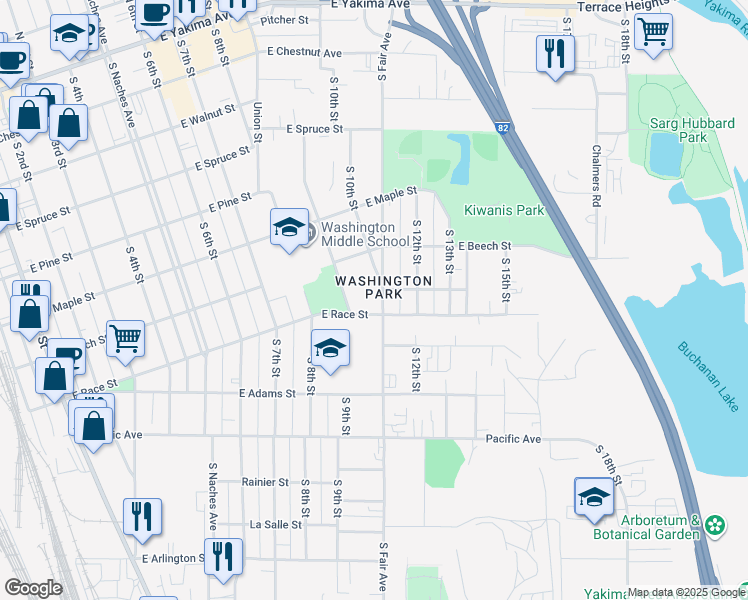 map of restaurants, bars, coffee shops, grocery stores, and more near 901-999 East Race Street in Yakima