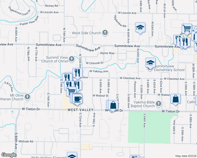 map of restaurants, bars, coffee shops, grocery stores, and more near 204 South 69th Avenue in Yakima
