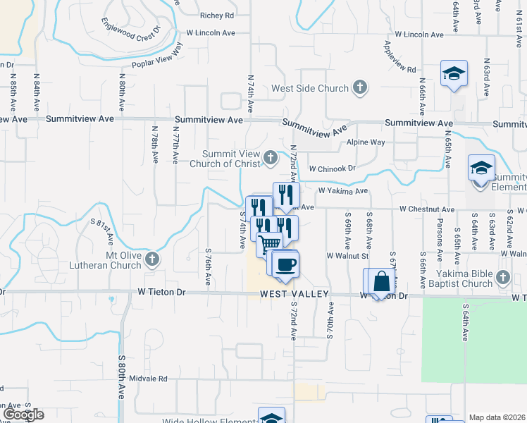 map of restaurants, bars, coffee shops, grocery stores, and more near 130 South 72nd Avenue in Yakima