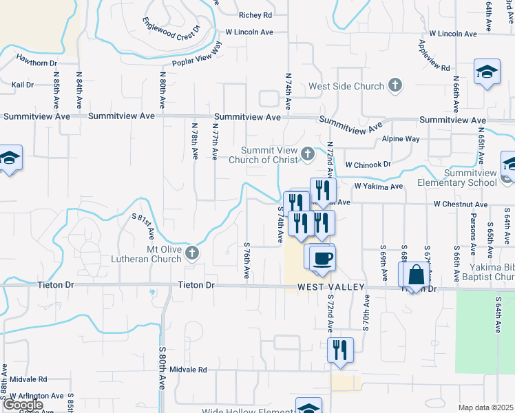 map of restaurants, bars, coffee shops, grocery stores, and more near 202 South 75th Place in Yakima