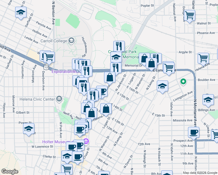 map of restaurants, bars, coffee shops, grocery stores, and more near 2 East 15th Street in Helena