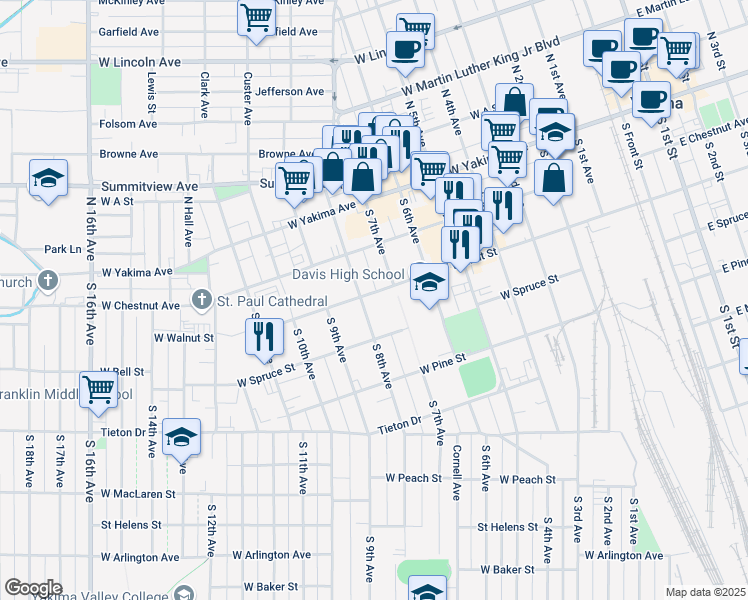 map of restaurants, bars, coffee shops, grocery stores, and more near 210 South 7th Avenue in Yakima