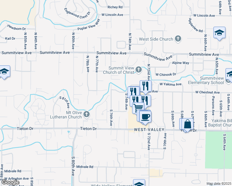 map of restaurants, bars, coffee shops, grocery stores, and more near 202 South 75th Place in Yakima