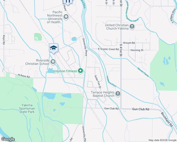 map of restaurants, bars, coffee shops, grocery stores, and more near 3701 Gun Club Road in Yakima