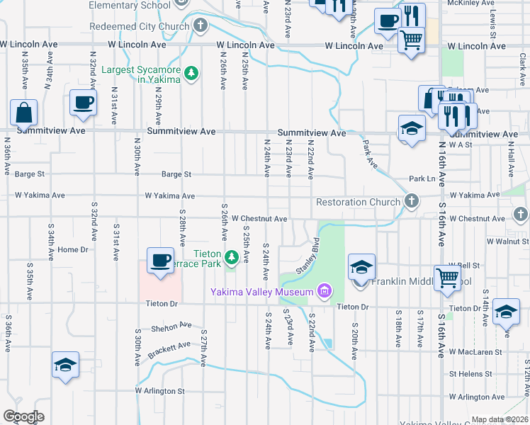 map of restaurants, bars, coffee shops, grocery stores, and more near 2402 West Chestnut Avenue in Yakima