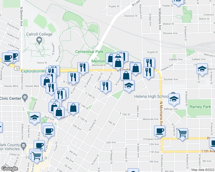 map of restaurants, bars, coffee shops, grocery stores, and more near 1017 North Warren Street in Helena