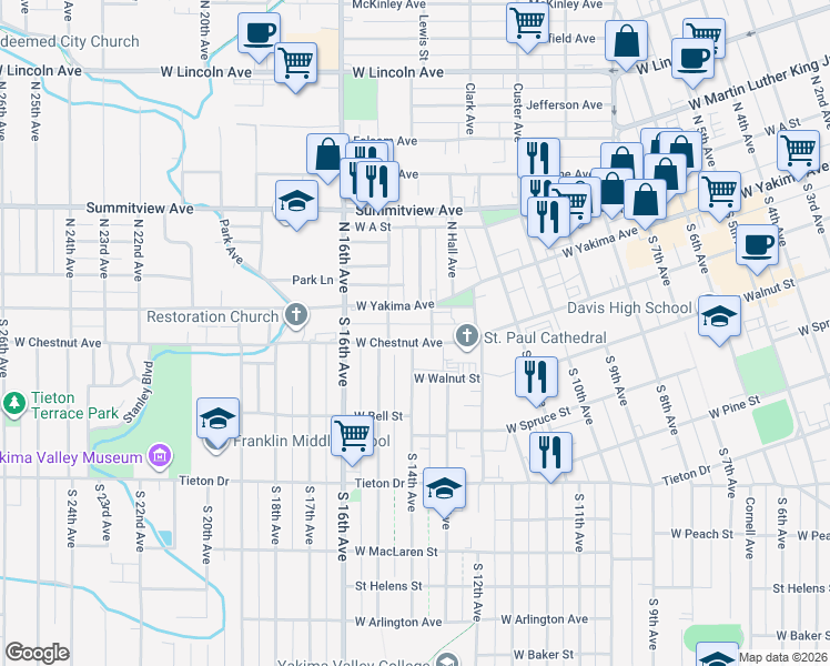 map of restaurants, bars, coffee shops, grocery stores, and more near 1402 West Chestnut Avenue in Yakima