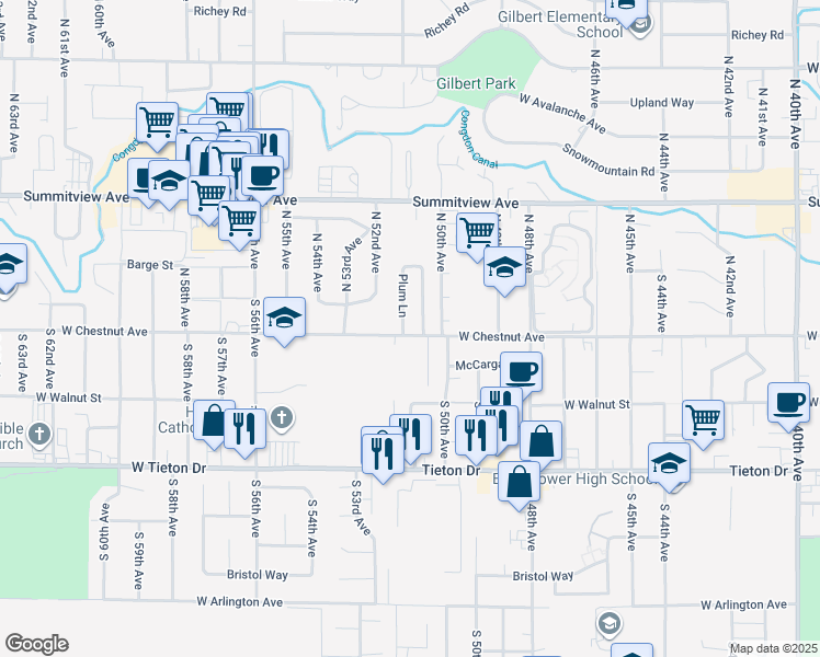 map of restaurants, bars, coffee shops, grocery stores, and more near 5100 West Chestnut Avenue in Yakima