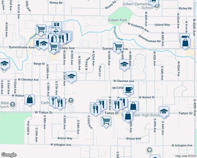 map of restaurants, bars, coffee shops, grocery stores, and more near 5100 West Chestnut Avenue in Yakima