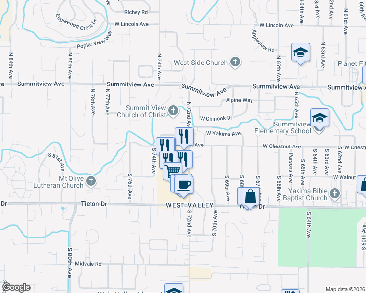 map of restaurants, bars, coffee shops, grocery stores, and more near 110 South 72nd Avenue in Yakima