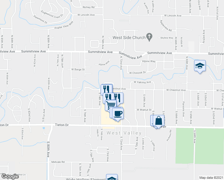 map of restaurants, bars, coffee shops, grocery stores, and more near 130 South 72nd Avenue in Yakima