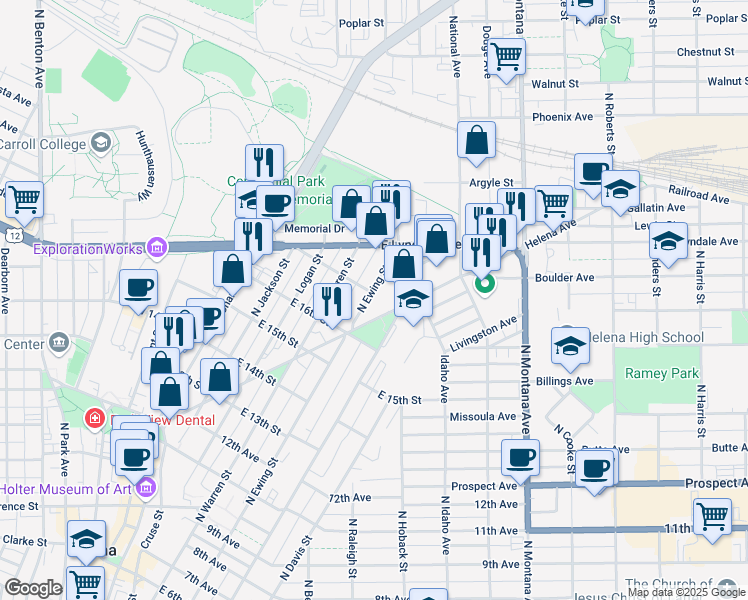 map of restaurants, bars, coffee shops, grocery stores, and more near 1037 North Ewing Street in Helena