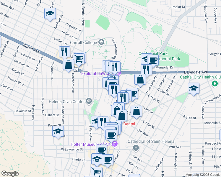 map of restaurants, bars, coffee shops, grocery stores, and more near Shootly Way in Helena
