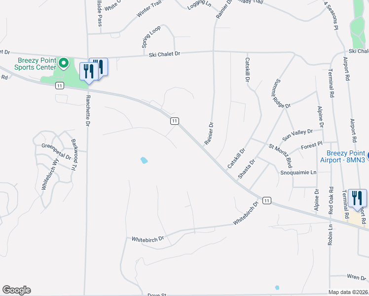 map of restaurants, bars, coffee shops, grocery stores, and more near 7703 County Road 11 in Breezy Point
