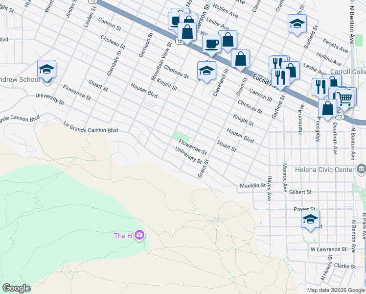 map of restaurants, bars, coffee shops, grocery stores, and more near 600 Cleveland Street in Helena