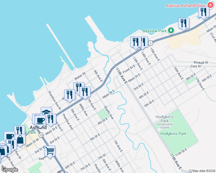 map of restaurants, bars, coffee shops, grocery stores, and more near 213 9th Avenue East in Ashland