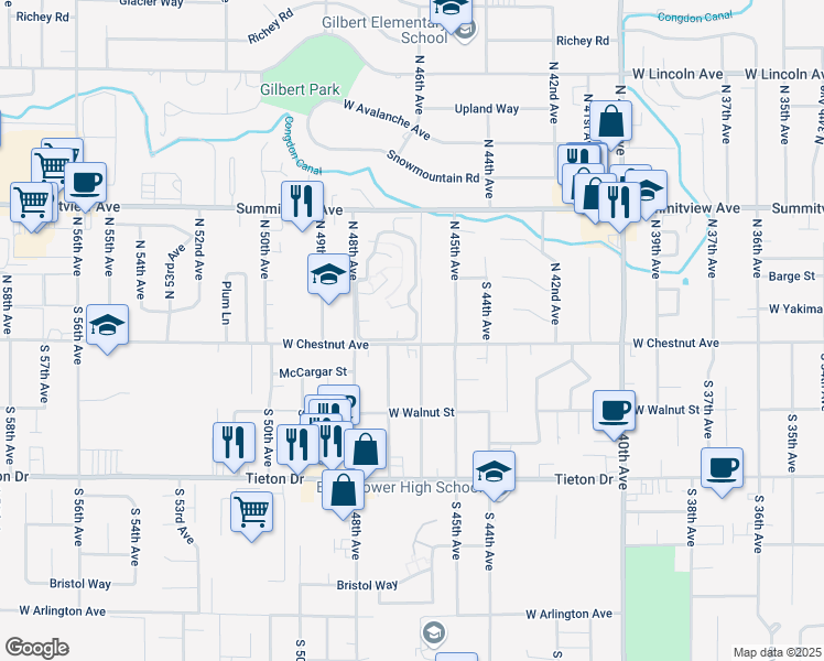 map of restaurants, bars, coffee shops, grocery stores, and more near 204 South 46th Avenue in Yakima