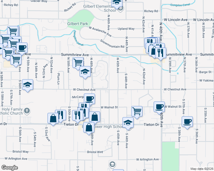 map of restaurants, bars, coffee shops, grocery stores, and more near 204 South 46th Avenue in Yakima